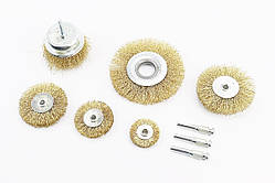 Набір щіток 6шт - торц./диск. зі стрижнем 1/4" D-75//40/50/63/75/100мм з латунованого рифленого дроту 19-9600, YT-703036