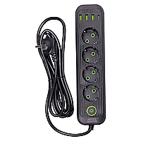 Мережевий фільтр 2.8 м подовжувач на 4 розетки з 3 USB 1 Type-C та кнопкою відключення HP-5-13MF