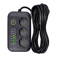 Мережевий фільтр кабель 4.75 м подовжувач F16 на 3 розетки 4 usb 2 type-c та кнопкою відключення Чорний HP-5-22