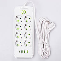 Мережевий фільтр 2.8 м подовжувач на 8 розеток з 3 USB 1 Type-C та кнопкою відключення F20U Білий HP-5-27