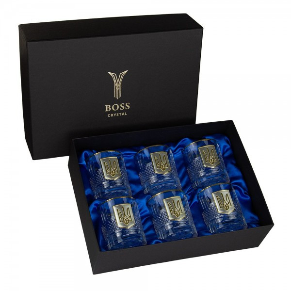 Подарунковий набір для віскі "Тризуб" із 6 кришталевих келихів з накладками золото та срібло Boss Crystal, фото 1
