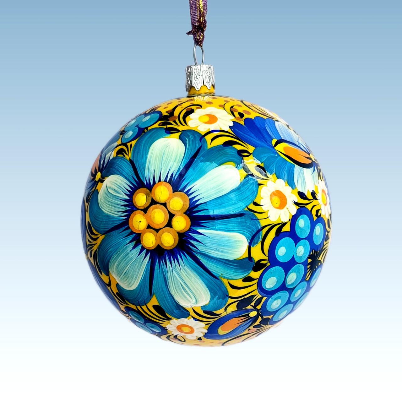 Ялинкова куля 10 см "Жовта" з петриківським розписом, гарний та унікальний подарунок ( подарункова коробка в комплекті)