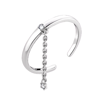 Срібна каблучка незамкнена з ланцюжком та маленькими білими фіанітами