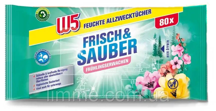 Вологі серветки для чищення універсальні  W5 fresh & clean ×80