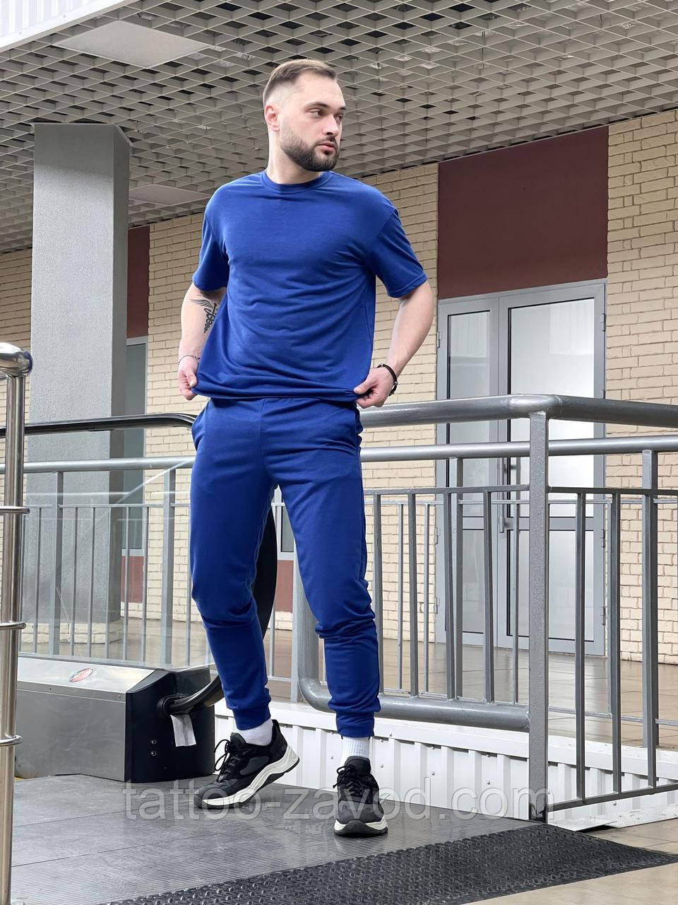 Літній костюм чоловічий футболка та штани двонитка синій S M L XL XXL 3XL "Loud", фото 1