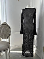 Пляжна сітчаста довга сукня чорного кольору. Пляжна довга сукня-туніка з вирізом