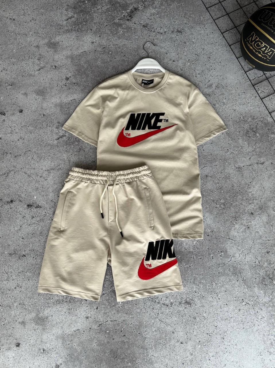 Костюм чоловічий літній бежевий футболка та шорти фірмовий Nike (Найк), фото 1