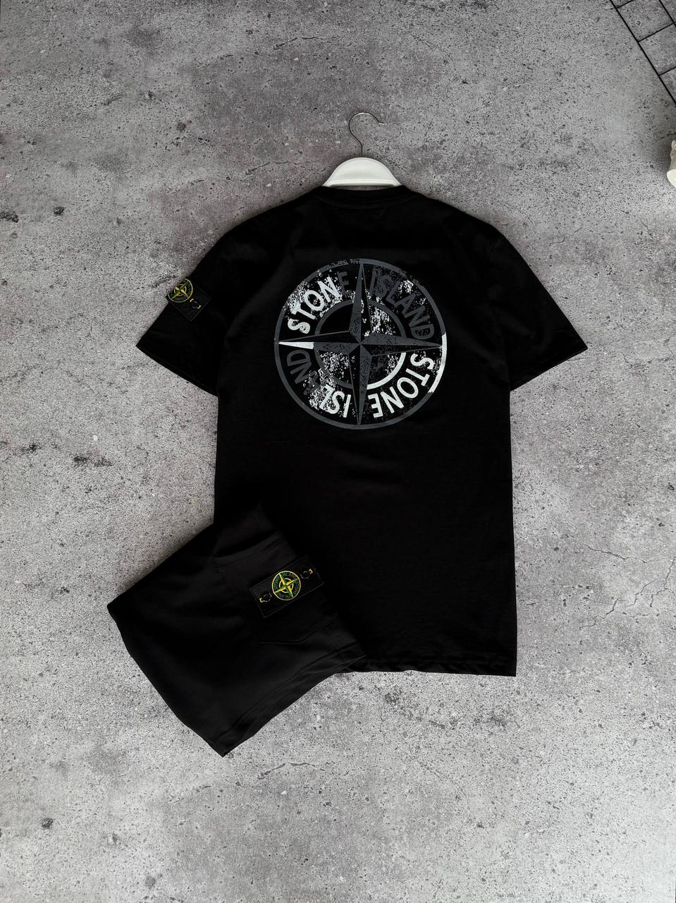Костюм чоловічий літній чорний футболка та шорти фірмовий Stone Island (Стон Айленд), фото 1