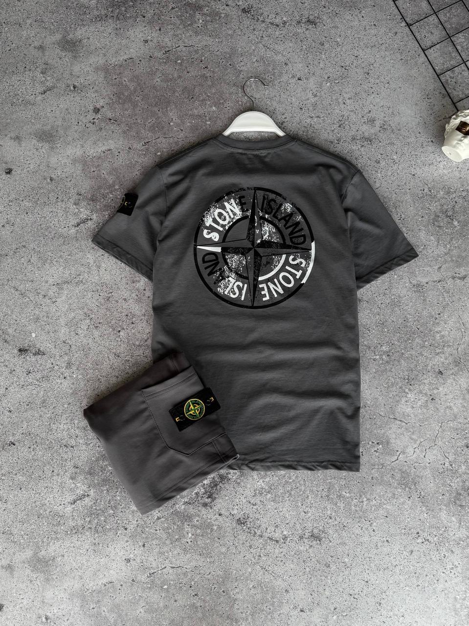 Костюм чоловічий літній сірий футболка та шорти фірмовий Stone Island (Стон Айленд), фото 1