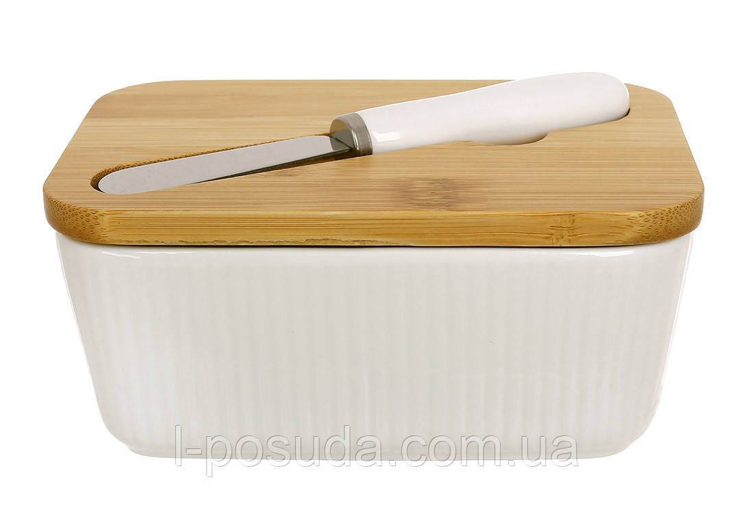 Масляна Naturel з порцеляни з бамбуковою кришкою та ножем 14*10*6см, фото 1