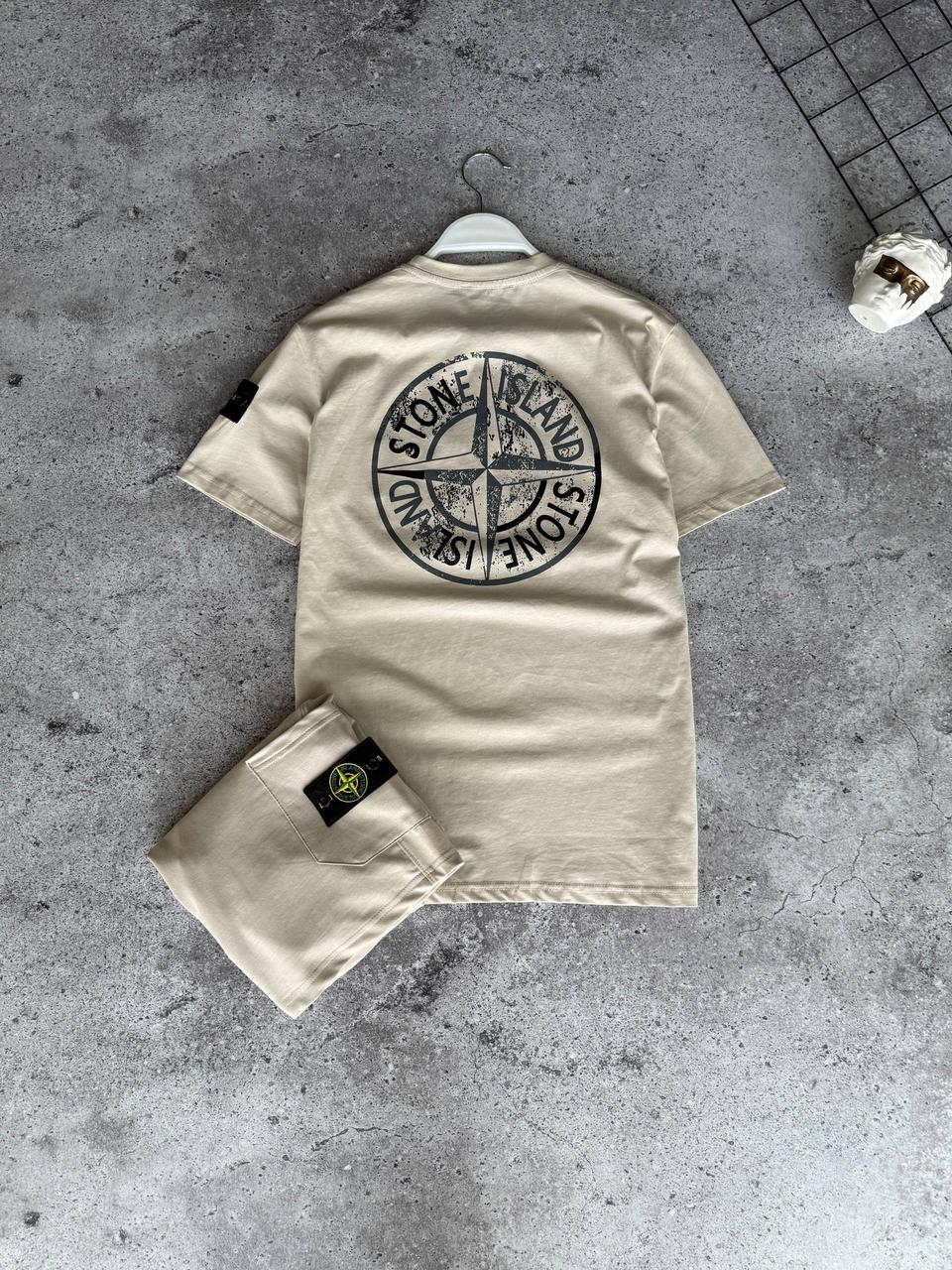 Костюм чоловічий літній бежевий футболка та шорти фірмовий Stone Island (Стон Айленд), фото 1