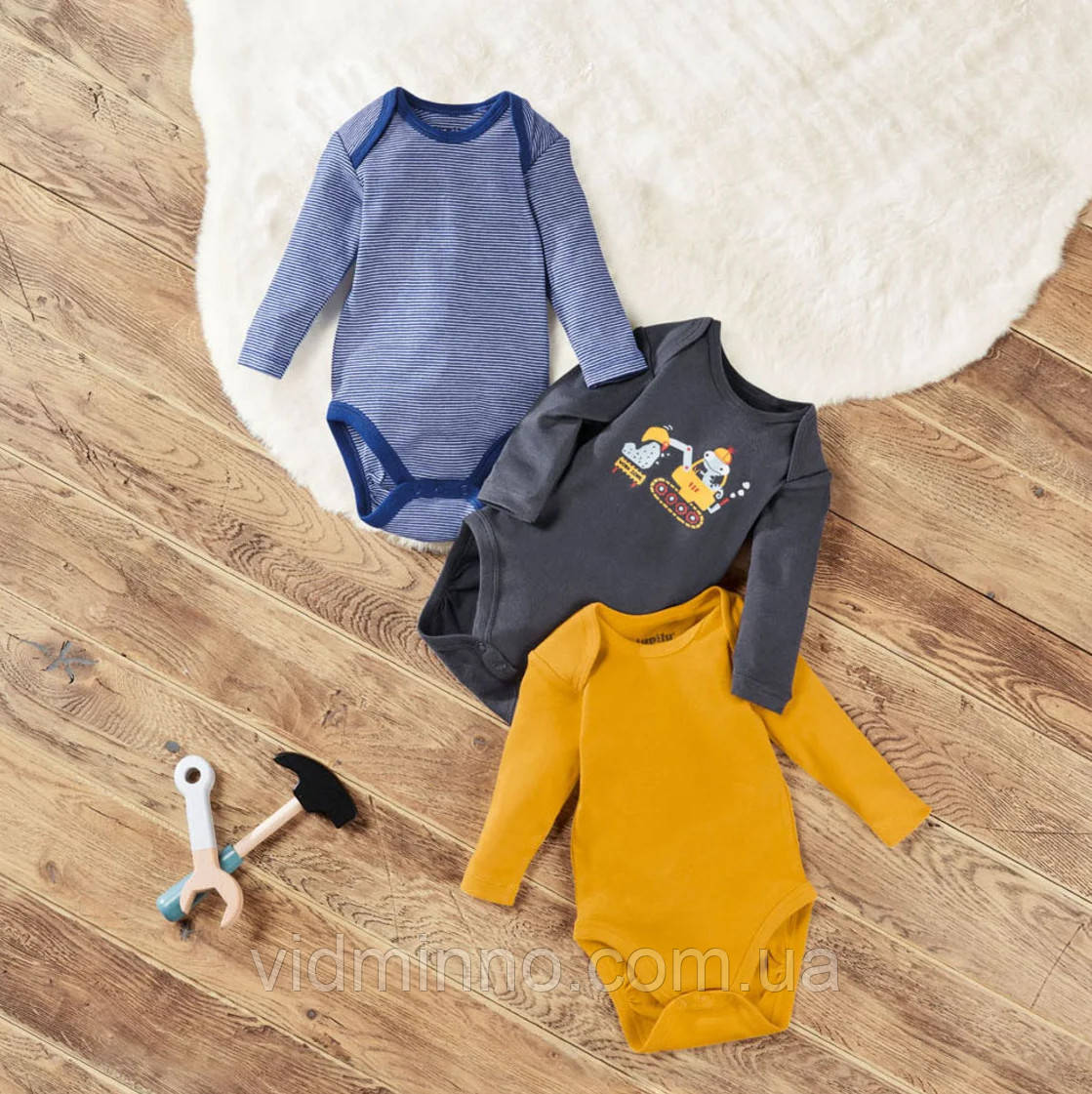 Бодіки боді з довгим рукавом (набір 3 шт.) Lupilu на хлопчика р.62-68, 2-6 місяців, фото 1