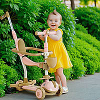 Дитячий самокат трансформер для дівчинки біговел каталка сидіння батьківська ручка бортик кошик світло звук