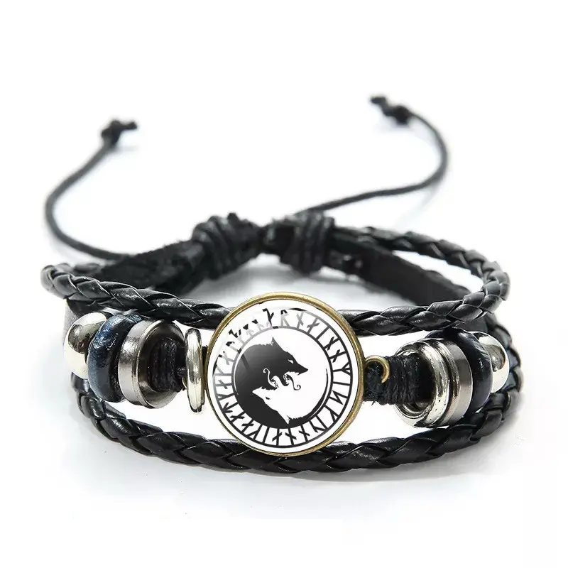 Браслет Валькнут з символікою вікінгів амулет оберіг чорний шкіряний, фото 1