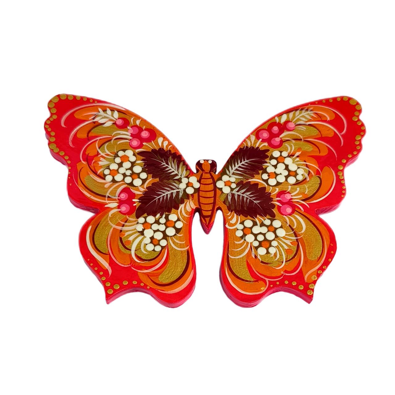 Дерев'яний магніт "Червоний метелик" 8*10,5 см, з петриківським розписом, ручної роботи.,унікальний подарунок