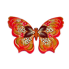 Дерев'яний магніт "Червоний метелик" 8*10,5 см, з петриківським розписом, ручної роботи.,унікальний подарунок, фото 1