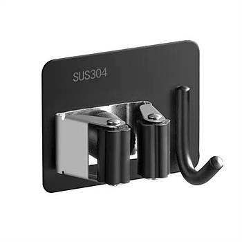 Тримач для швабри з гачком з нержавіючої сталі SUS304 - самоклеючий - BLACK