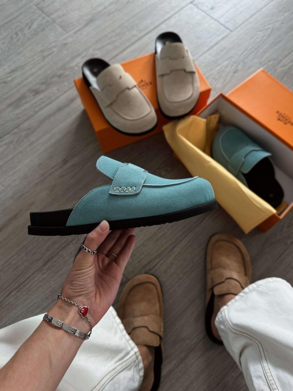 Жіночі повсякденні мюлі Hermes Mule 'Blue Flats' (сині) модні літні шльопанці Гермес vkross, фото 1