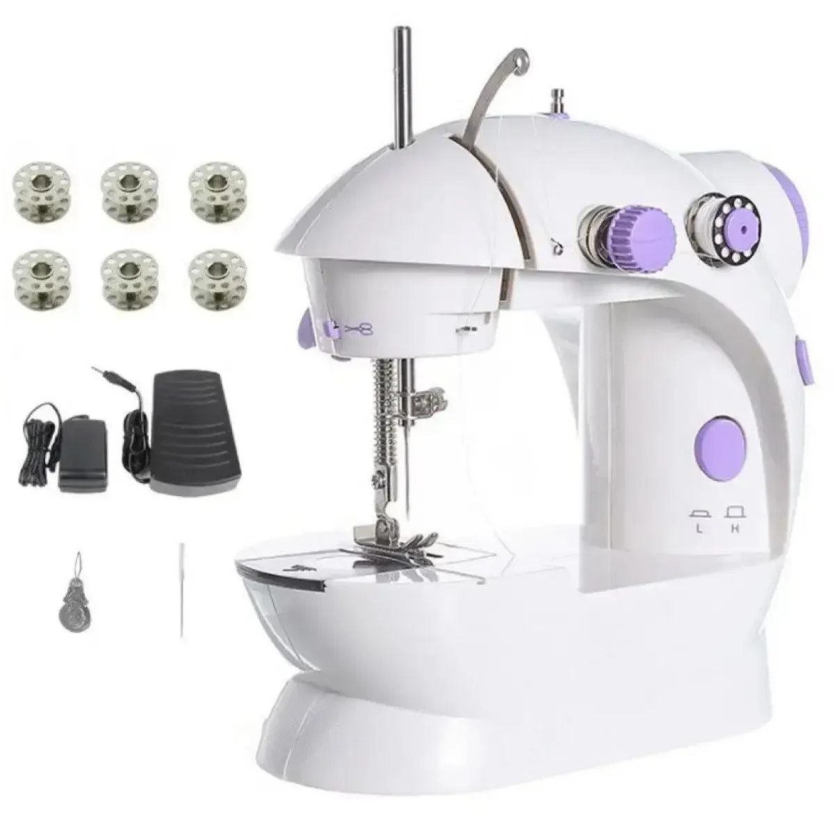 Портативна швейна машинка з адаптером, Mini Sewing Machine SM-201/ Мінімашинка для шиття з педаллю, фото 1