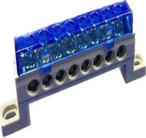 Шина 8 отворів (7x11) 25 мм2 синя в ізоляторі GISELT, з'єднувальна, електрична для автоматів нульова