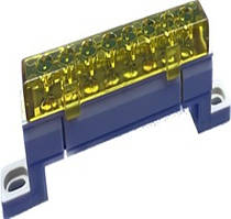 Шина 8 отворів (7x11) 25 мм2 жовта в ізоляторі GISELT, з'єднувальна, електрична для автоматів нульова