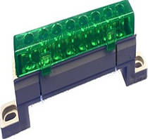 Шина 8 отворів (7x11) 25 мм2 зелена в ізоляторі GISELT, з'єднувальна, електрична для автоматів нульова