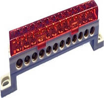 Шина 12 отворів (7x11) 25 мм2 червона в ізоляторі GISELT, сполучна, електрична для автоматів нульова