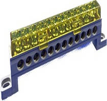 Шина 12 отворів (7x11) 25 мм2 жовта в ізоляторі GISELT, з'єднувальна, електрична для автоматів нульова