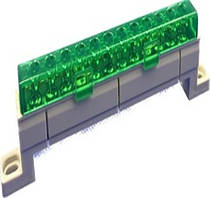 Шина 12 отворів (7x11) 25 мм2 зелена в ізоляторі GISELT, сполучна, електрична для автоматів нульова