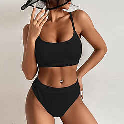 Роздільний чорний купальник у рубчик із топом бандо з тонкими бретелями та високою посадкою, розмір S, M, L