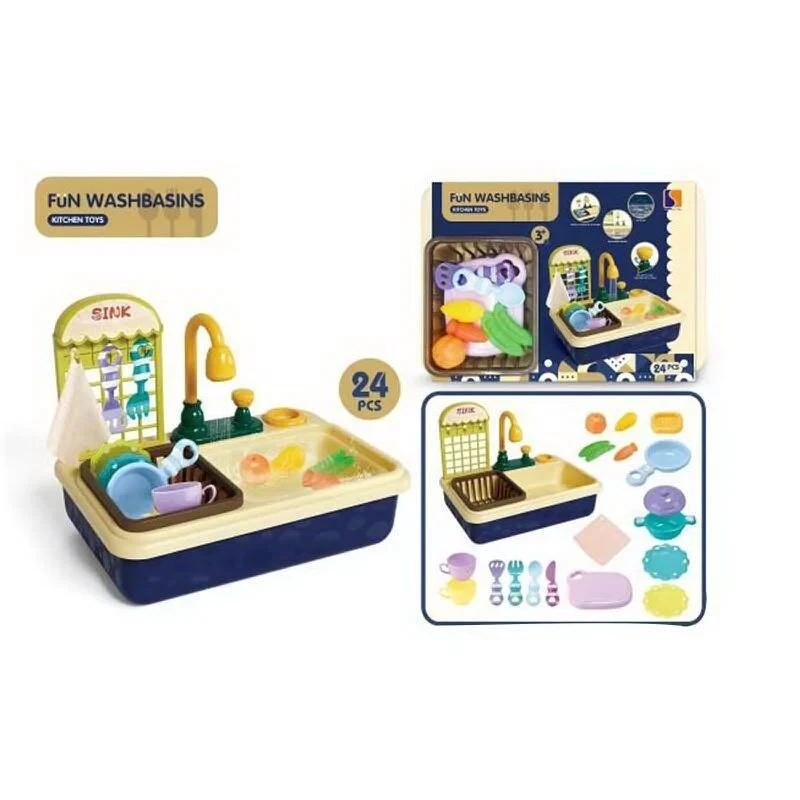 Мийка 24 елементи, кран на батарейках, сушка, посуд, ганчірка, на листі БЛАКИТНА, фото 1