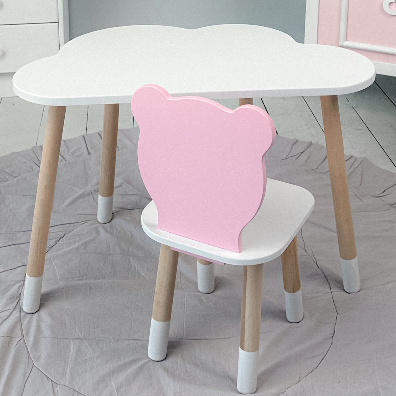 Дитячи білий стіл хмарка і стільчик ведмедик дитячий рожевий. Дитячий столик білосніжний.