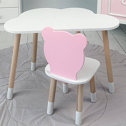Дитячи білий стіл хмарка і стільчик ведмедик дитячий рожевий. Дитячий столик білосніжний., фото 1