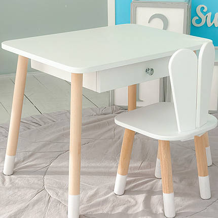 Дитячий столик і стільчик зайчик білий. Столик із шухлядою для олівців і розмальовок 73587, фото 1