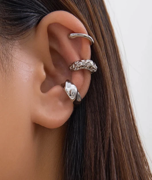 Набір кафф Fashion Jewelry 3 шт сережки без проколу сріблясті, фото 1