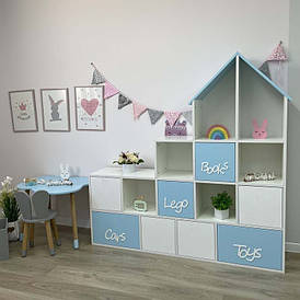 Стелаж для іграшок у дитячу кімнату будиночок з 14 комірками та 8 ящиками для зберігання іграшок