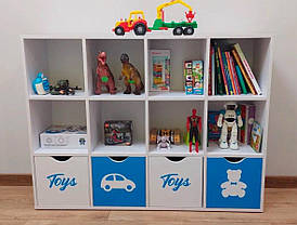 Стелаж для іграшок і книг на 12 комірок біло-блакитний для дітей від 3 років з акриловим фотодруком