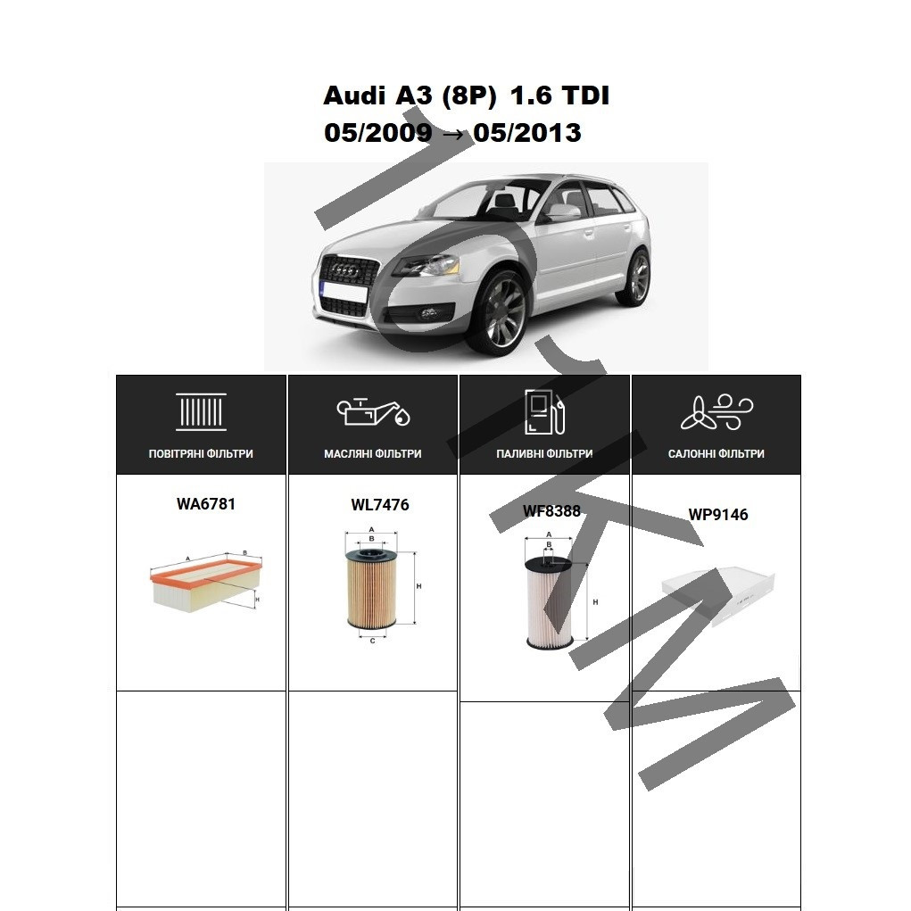 Комплект фільтрів Audi A3 (8P) 1.6 TDI (2009-2013) WIX, фото 1