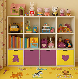 Стелаж для іграшок і книг на 12 комірок жовтий із фіолетовим для дитячої кімнати зручне зберігання