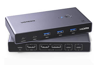 KVM-переключатель Ugreen Type-C HDMI DisplayPort 4k 60hz USB 3.0 PD100W Grey (CM732)