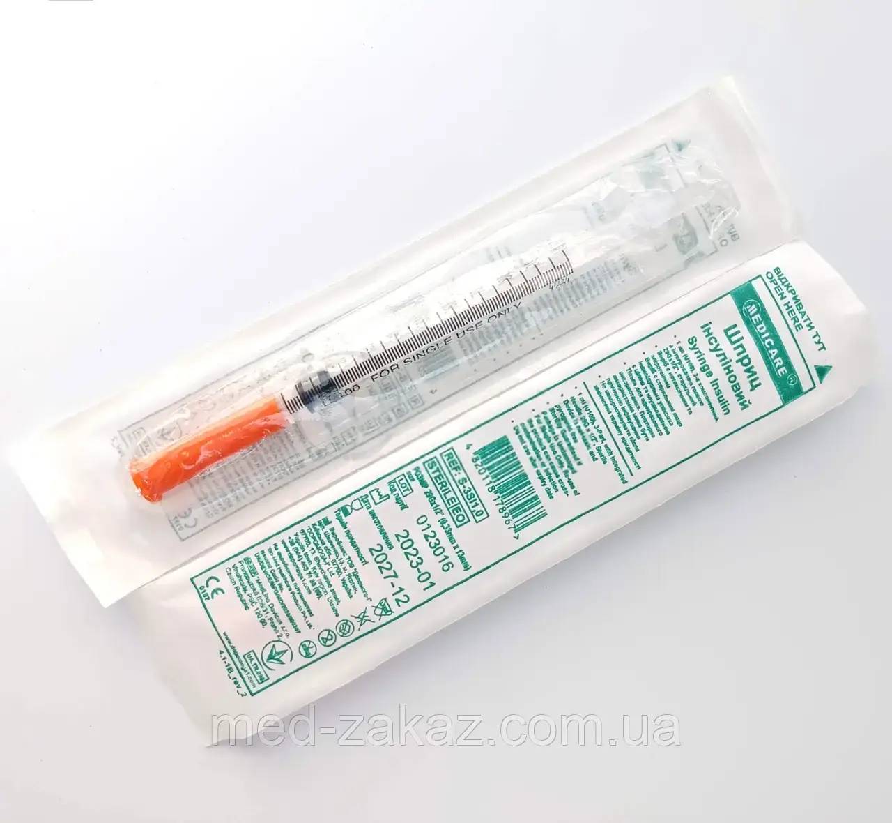 Шприц 1,0 мл інсуліновий Medicare U-100 0,33х13мм, 100 шт.