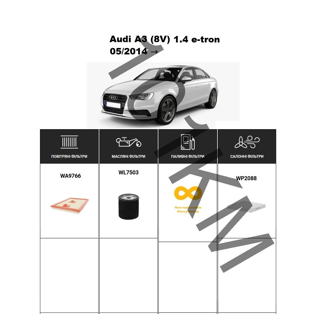 Комплект фільтрів Audi A3 (8V) 1.4 e-tron (2014-) WIX, фото 1