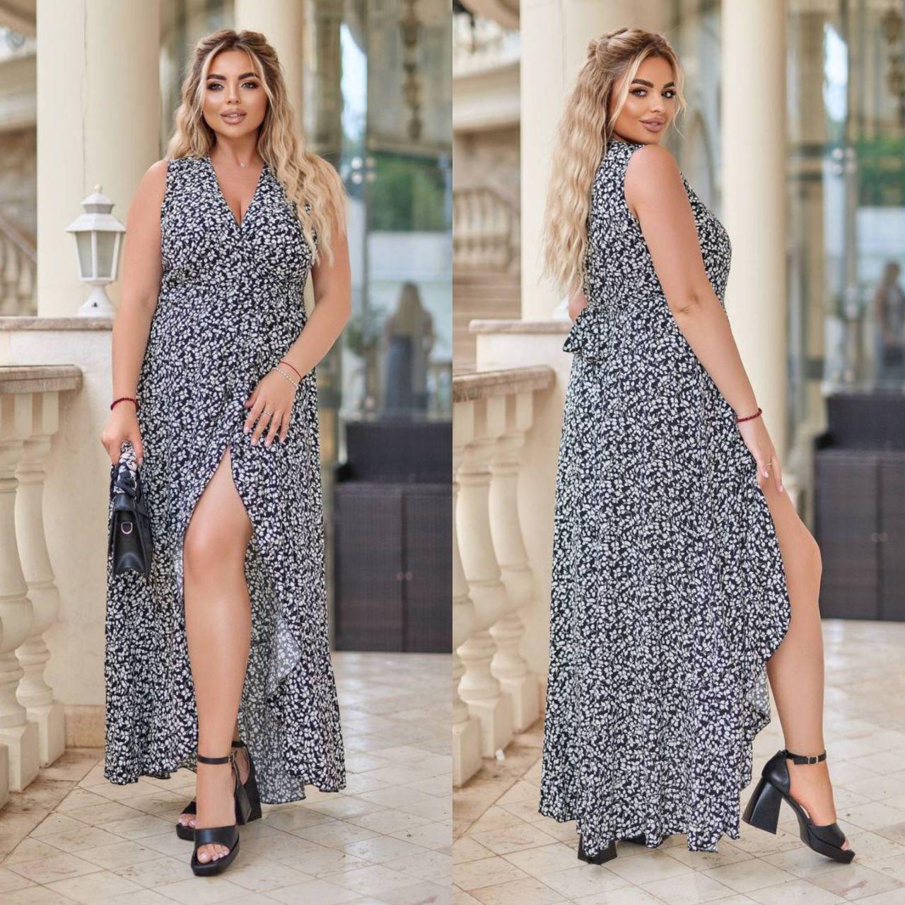 Жіноче плаття батал на запах максі без рукавів літнє з дрібним квітковим принтом, фото 1