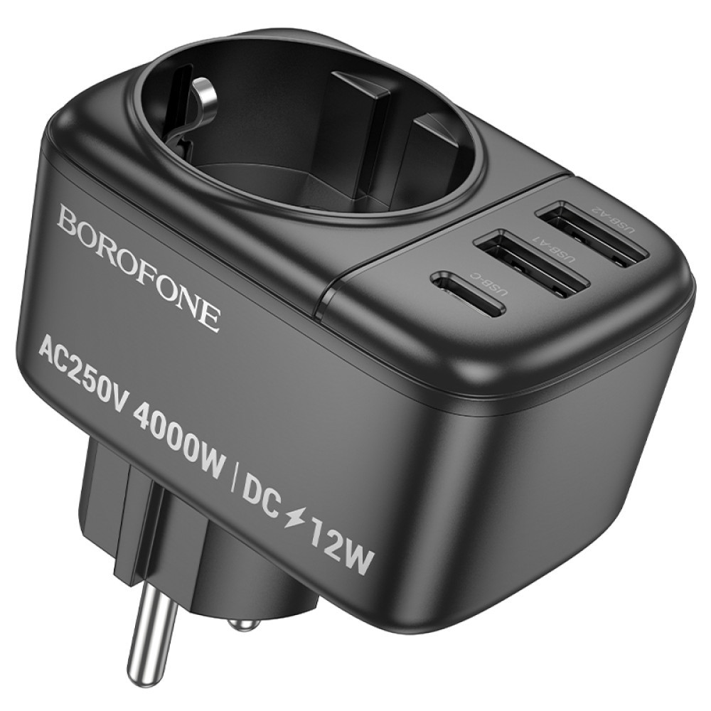 Адаптер мережевий Borofone BAC14 Wide 12 W, розетка, 2 USB, Type-C, чорний, фото 1