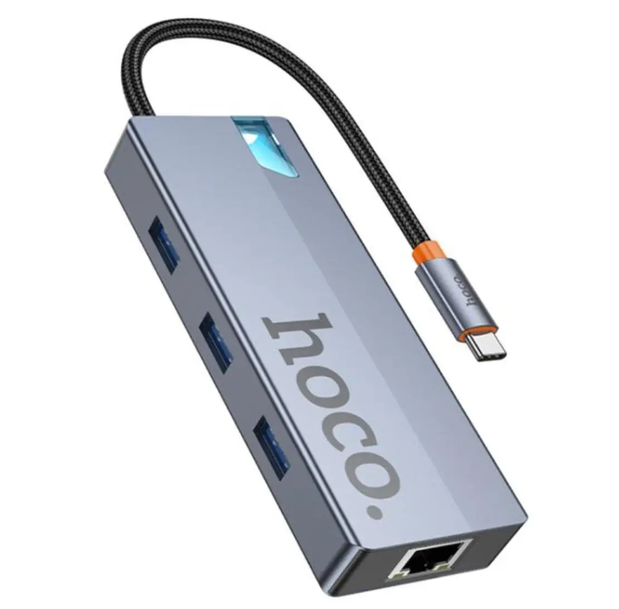 HUB адаптер 6 в 1 Hoco HB51 HDTV, RJ45, Type-C, 3USB3.0, сірий, фото 1