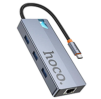 HUB адаптер 6 в 1 Hoco HB51 HDTV, RJ45, Type-C, 3USB3.0, сірий