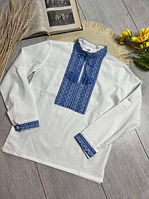 Льняна вишиванка з довгим рукавом та синіми візерунками для хлопчиків р.98/116; Гурт. Україна