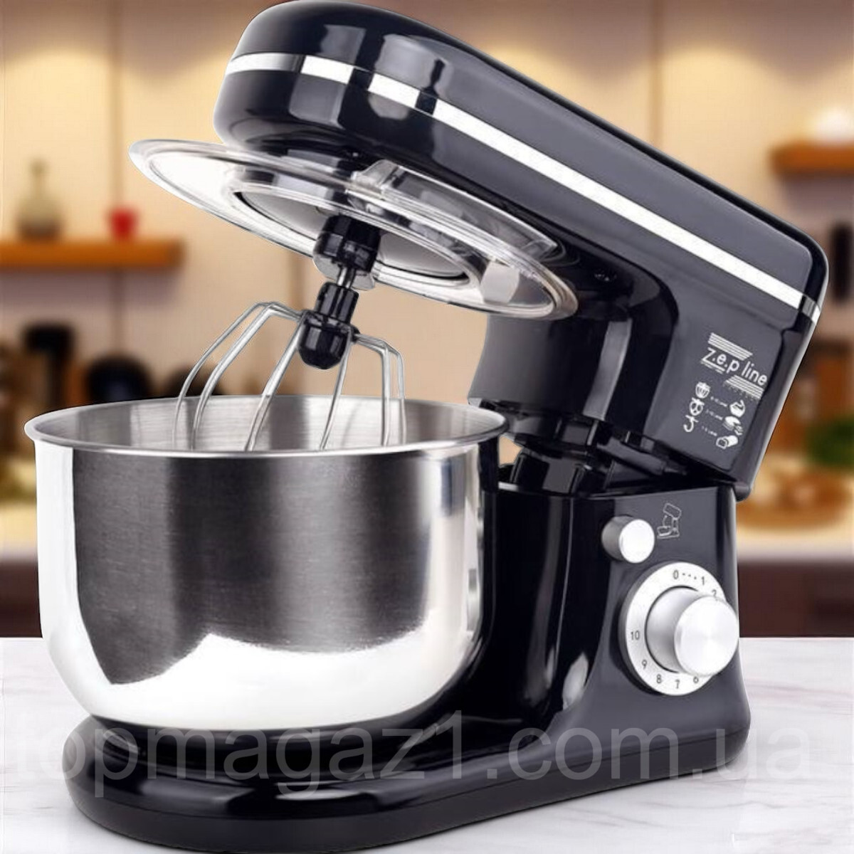 Міксер тістоміс з чашею 5 л Zepline 3500 Вт планетарний з 3 насадками і захисною кришкою на 10 режимів, фото 1