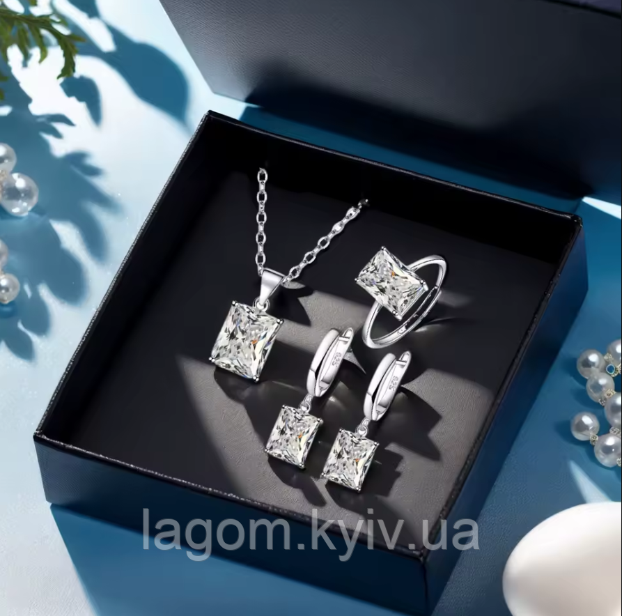 Комплект серебряных украшений Jade срібло 925 проби прозорі сережки, підвіска, кільце, фото 1