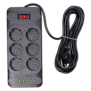 Мережевий фільтр подовжувач 3 м на 6 розеток 4 USB 2 Type-C та кнопкою вимкнення HP-5-15